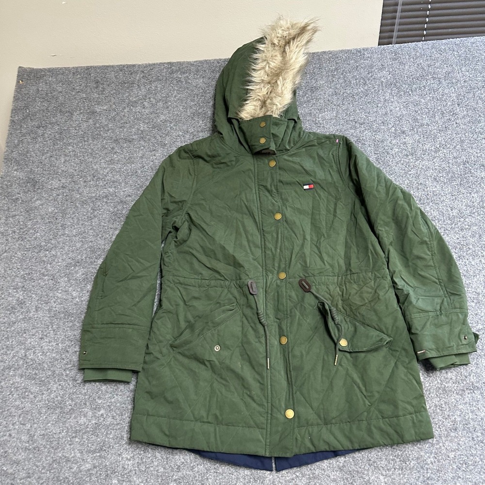 Tommy Hilfiger Parka Womens Size L Green Quilted Faux Fur Hood Utility Jacket
